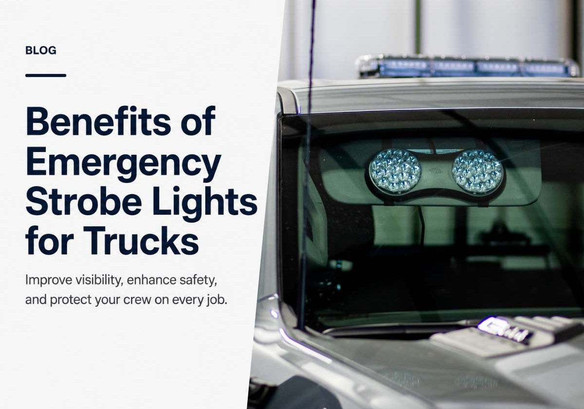 Work truck with emergency strobe lights for improved visibility, safety, and job-site awareness