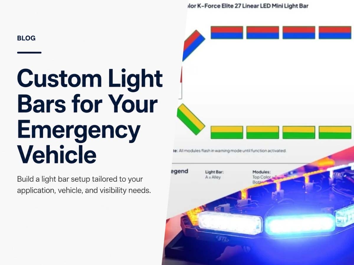 Custom emergency vehicle light bar with red, blue, amber, and white LED lighting options
