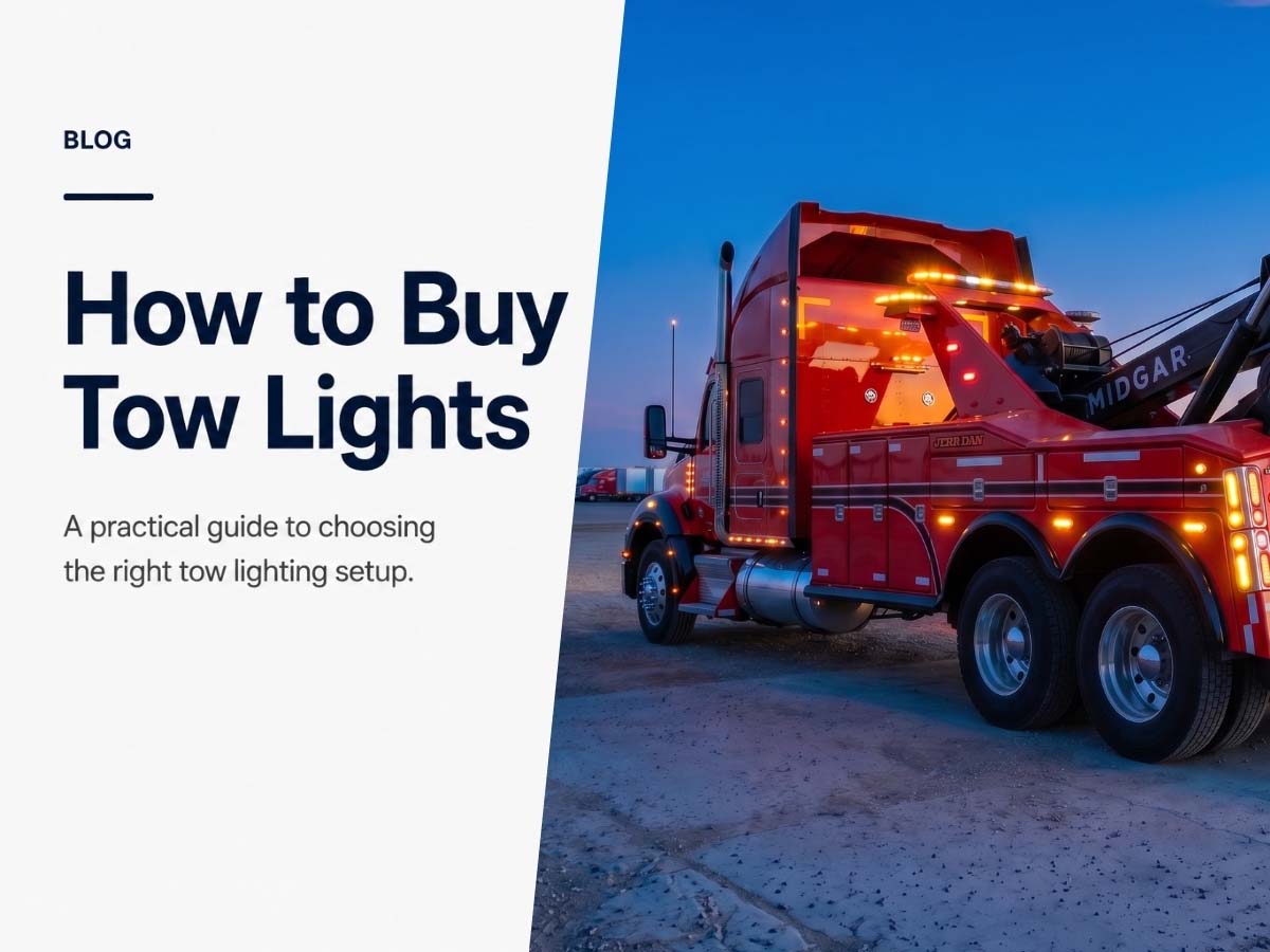 Tow truck with amber warning lights for a guide to buying tow lights and roadside lighting