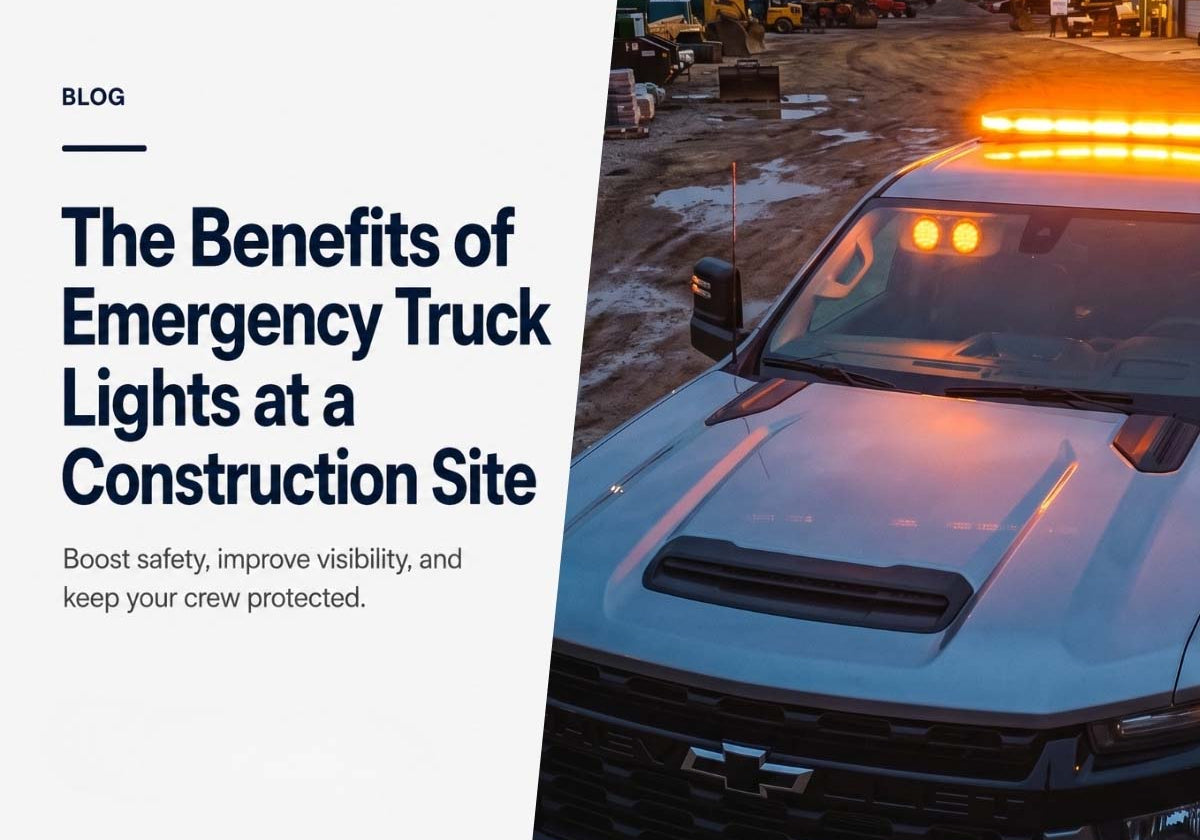 Construction work truck with amber emergency lights for job-site visibility and crew safety