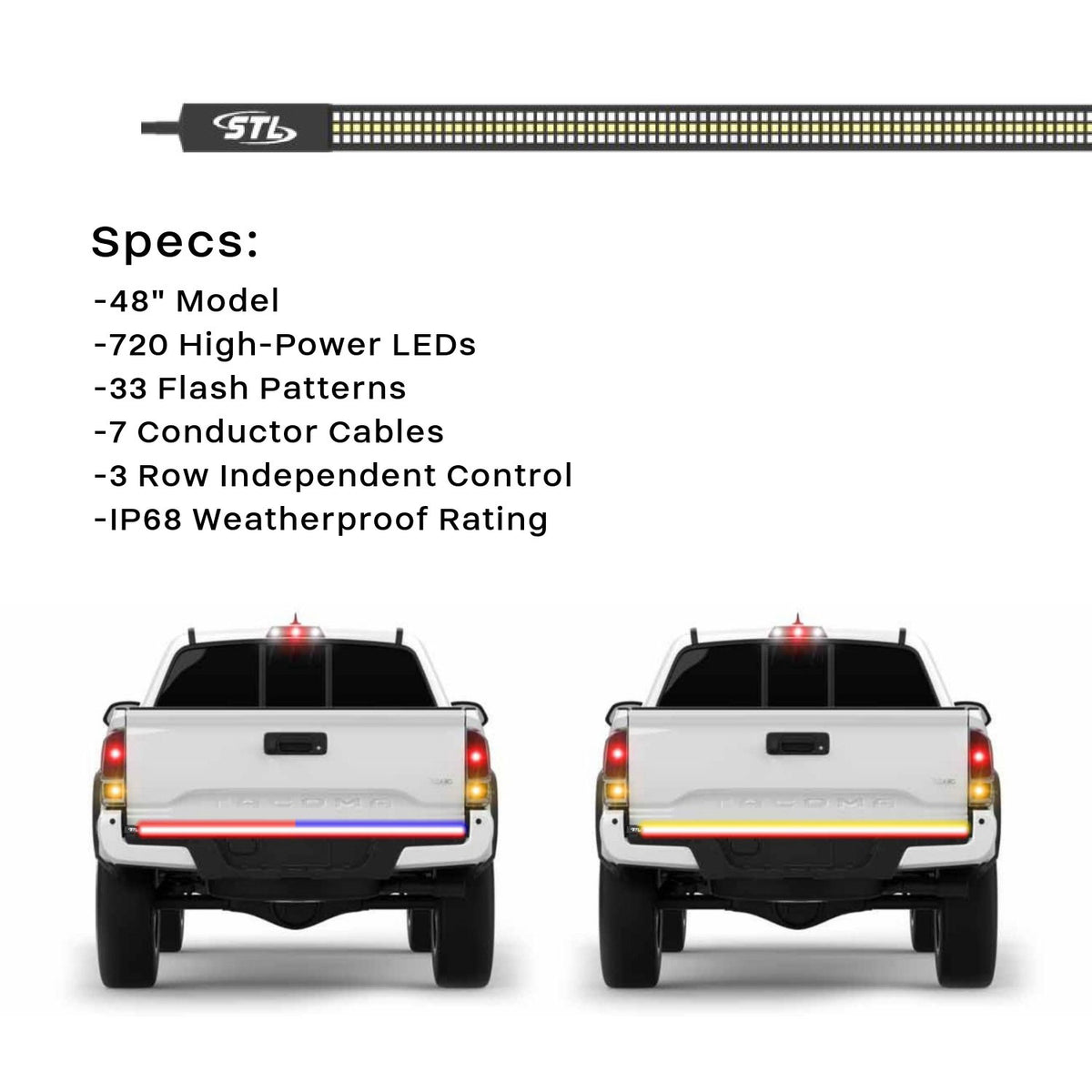 3-Row 48" LED Truck Tailgate Warning Light Bar w/ Reverse STD Tape