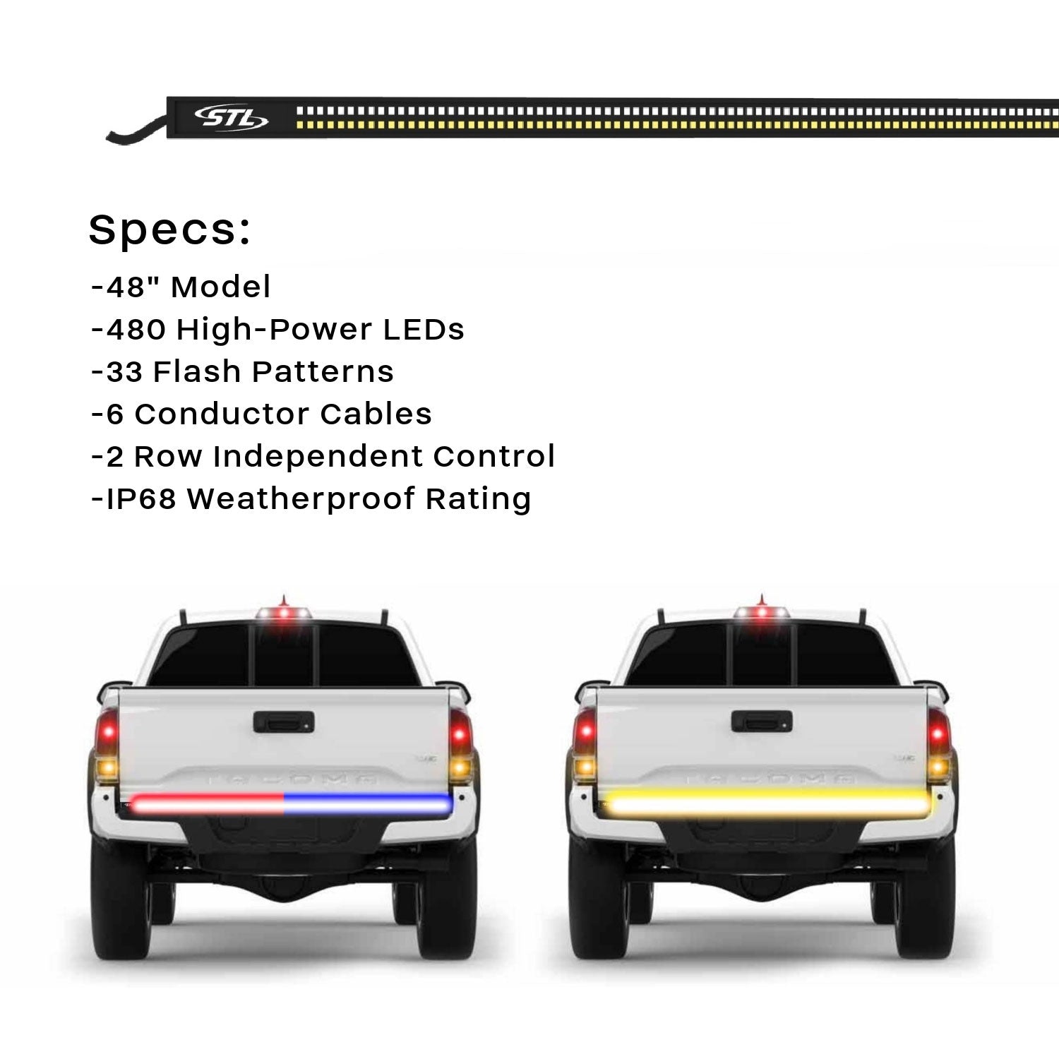 Dual-Row 48" LED Truck Tailgate Warning Light Bar w/ Reverse STD Tape
