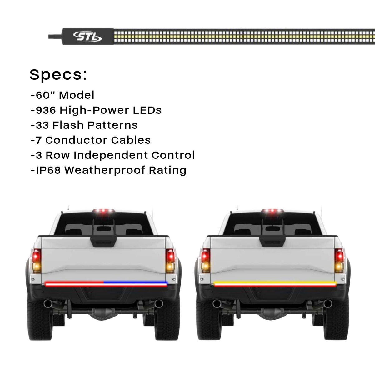 3-Row 60" LED Truck Tailgate Warning Light Bar w/ Reverse STD Tape